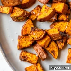 Crispy Air Fryer Sweet Potatoes: Quick Roasted Sweet Potato Recipe 6 close up of diced sweet potatoes