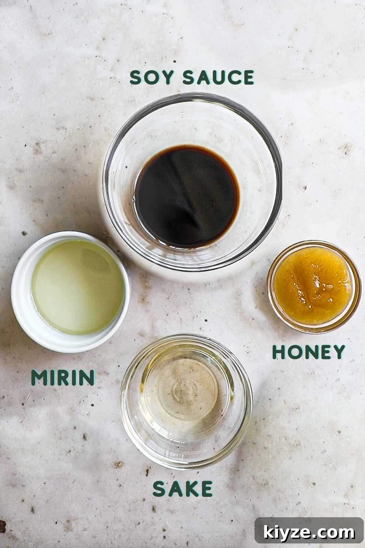 Gluten-Free Honey Teriyaki Sauce Recipe for Every Meal 3 Ingredients to make gluten free honey teriyaki sauce, including soy sauce, honey, mirin, and sake.