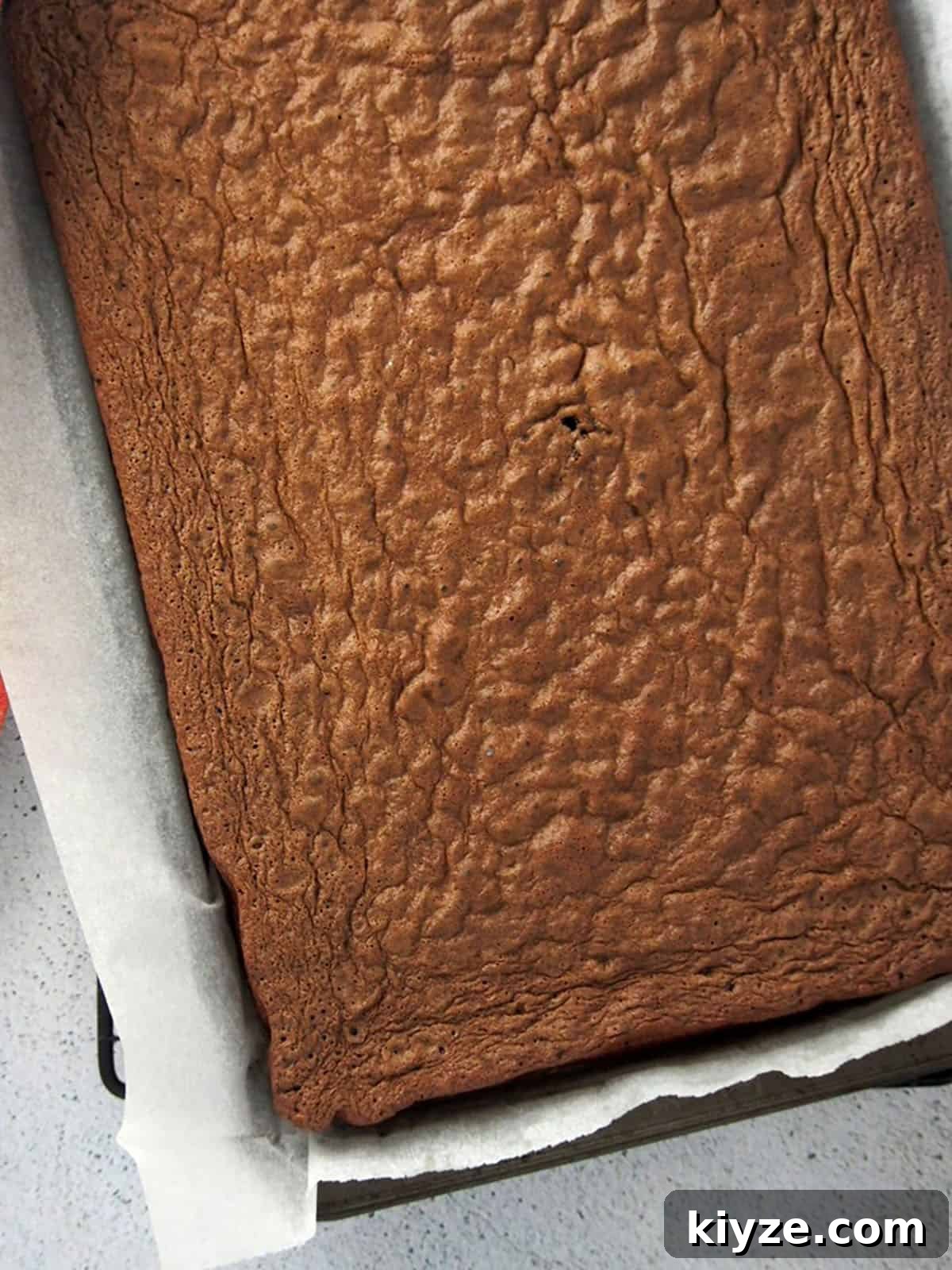 Black Forest Roll Cake Recipe – Chocolate Cherry Swiss Roll 5 baked chocolate chiffon cake on a parchment-lined baking sheet.