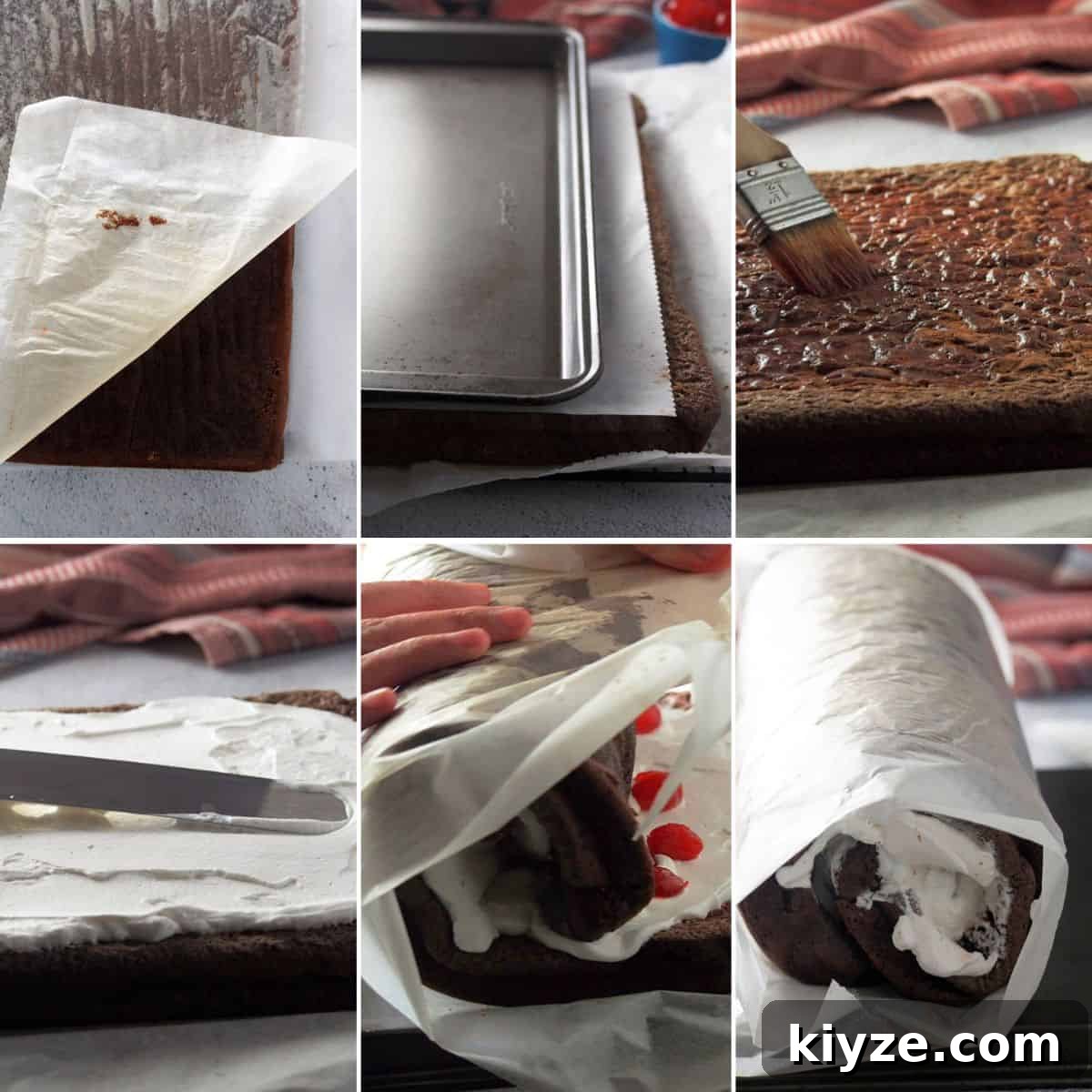 Black Forest Roll Cake Recipe – Chocolate Cherry Swiss Roll 6 assembling black forest swiss roll cake.