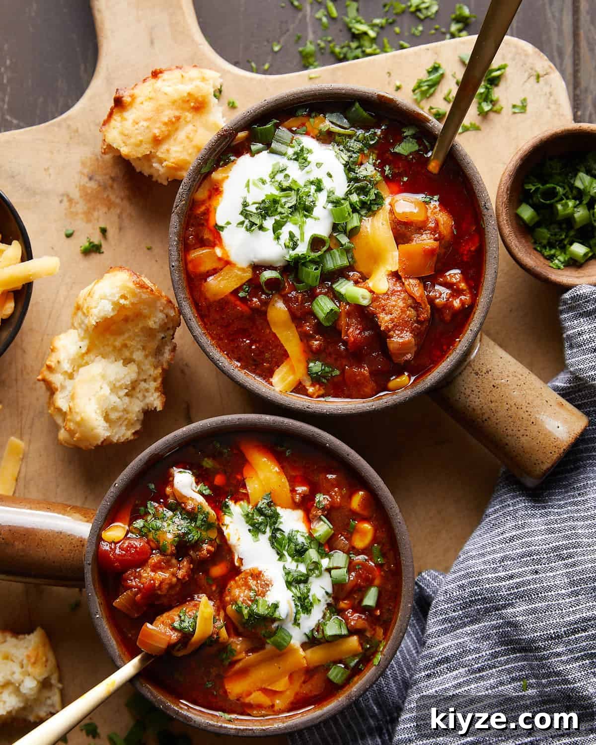 Slow Cooker Chili Recipe Without Beans — Rich & Hearty Flavor 2 Overhead image of slow cooker no bean chili with garnish.