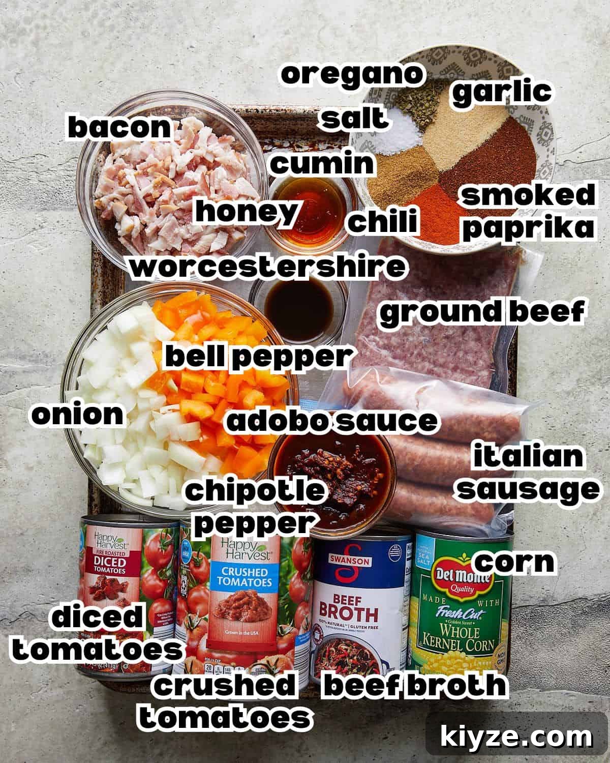 Slow Cooker Chili Recipe Without Beans — Rich & Hearty Flavor 3 Overhead image of ingredients needed to make slow cooker no bean chili.