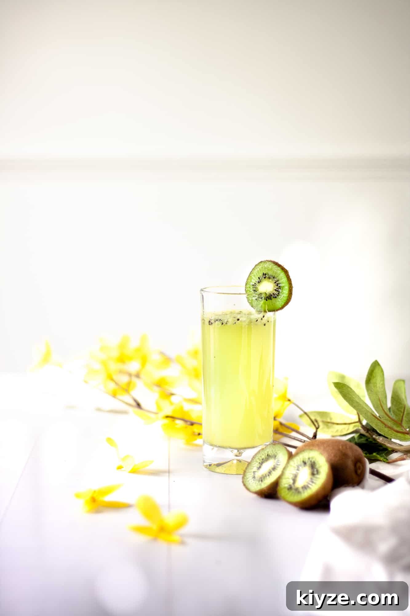 Refreshing Kiwi Gin Cocktail Recipe for Summer Sips 3 A glass of kiwi gin cocktail, garnished with a slice of kiwi, sitting next to more kiwi slices and a branch of yellow flowers