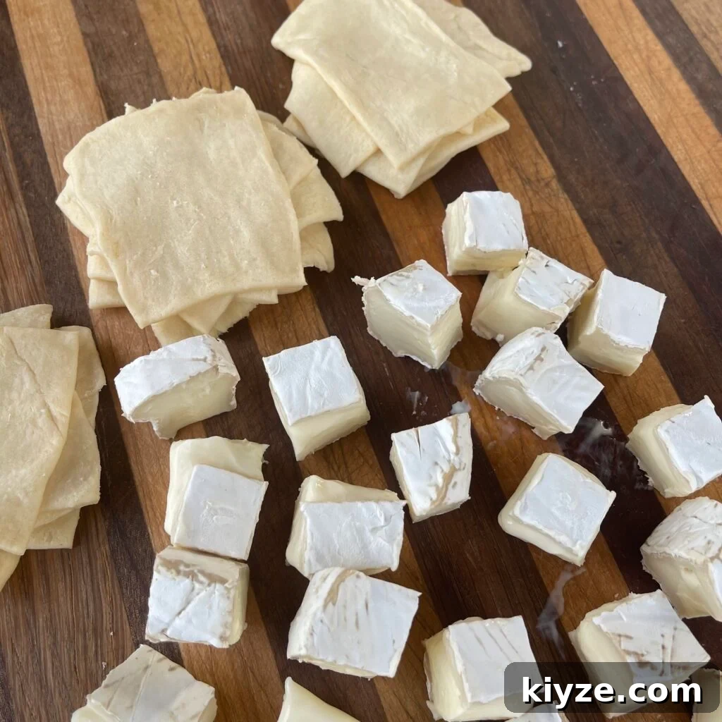 Crispy Grilled Brie Bites with Honey and Rosemary 6 Cut dough squares