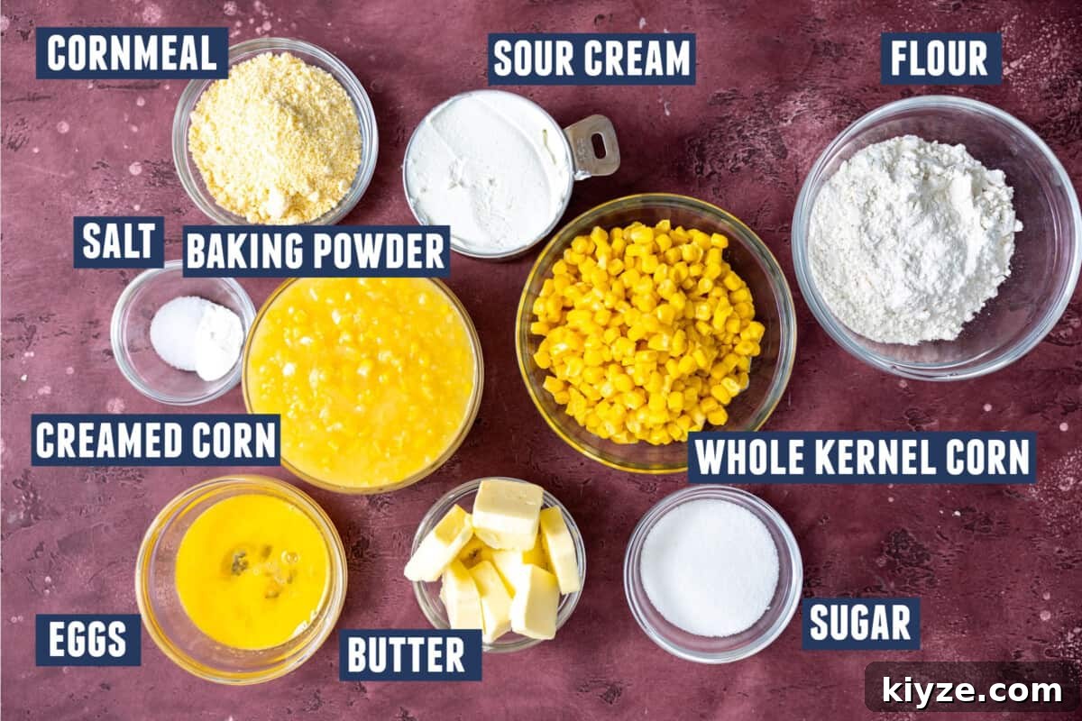 Cheesy Cornbread Casserole with Sausage and Sweet Corn 3 Ingredients needed to make corn casserole laid out on the counter.