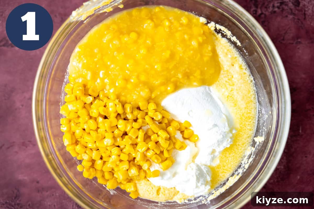 Cheesy Cornbread Casserole with Sausage and Sweet Corn 4 Bowl filled with ingredients for corn casserole.