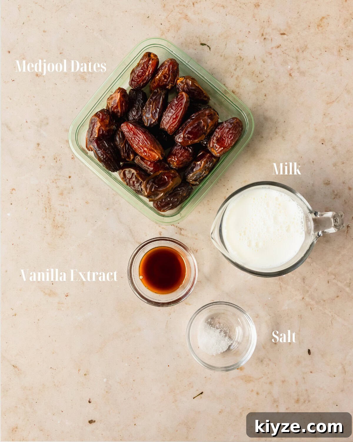 Gather Medjool dates, milk, vanilla extract and salt. 