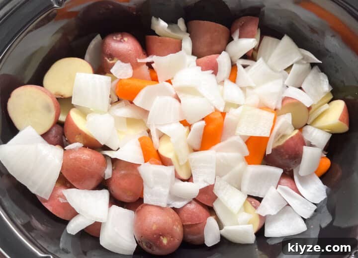 Prepped veggies in slow cooker