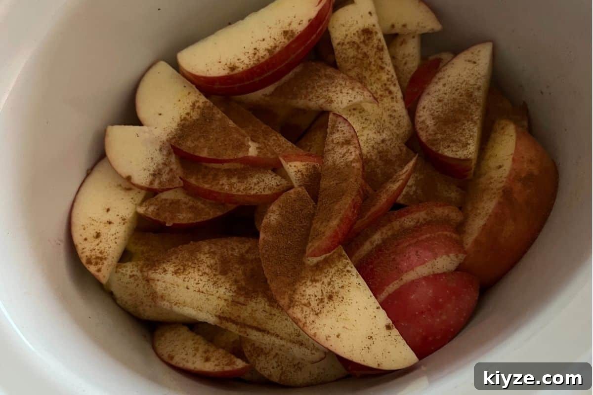 How to Make Homemade Applesauce from Fresh Apples 3 Sliced apples in a slow cooker topped with spices and seasonings.