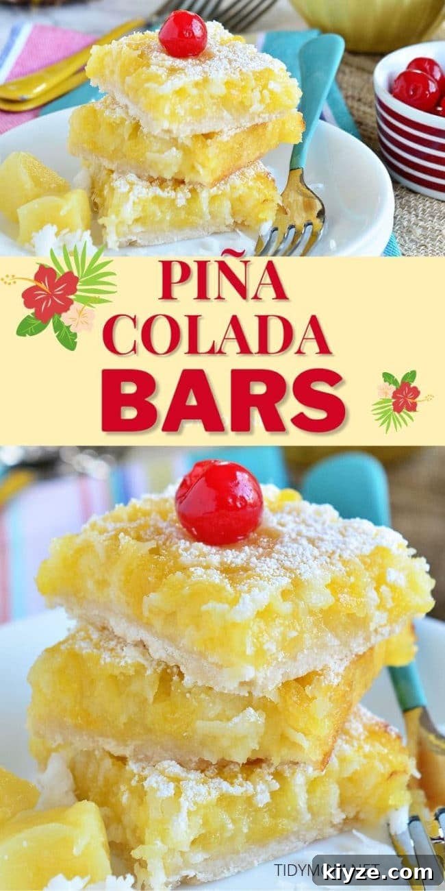 Pineapple Coconut Dessert Bars (Piña Colada) + Video 8 3 dessert bars stacked on a plate
