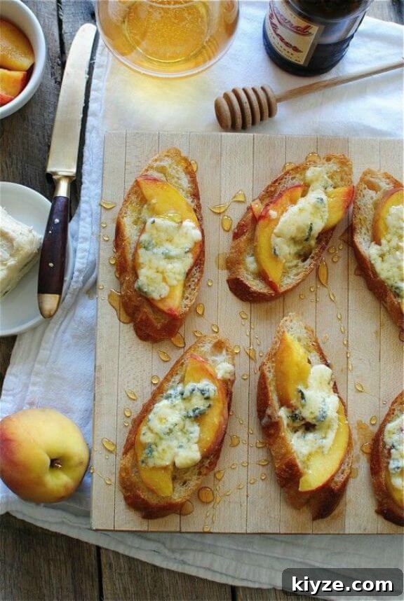 15 Irresistible Peach Recipes for Every Season 11 Crostini with Peaches, Blue Cheese and Honey | bevcooks.com