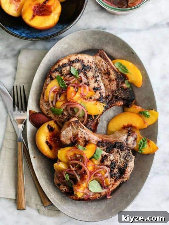 15 Irresistible Peach Recipes for Every Season 13 Grilled Pork Chops with Spicy Balsamic Grilled Peaches | foodiecrush.com