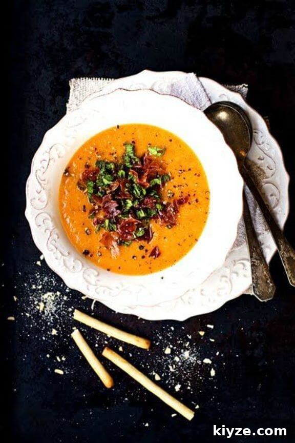 15 Irresistible Peach Recipes for Every Season 16 Melon Gazpacho with Prosciutto and Mint | en.onegirlinthekitchen.com