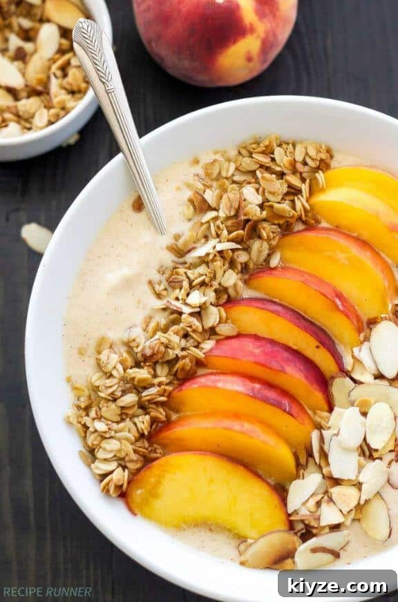 15 Irresistible Peach Recipes for Every Season 4 Peach Pie Smoothie Bowl | spoonfulofflavor.com