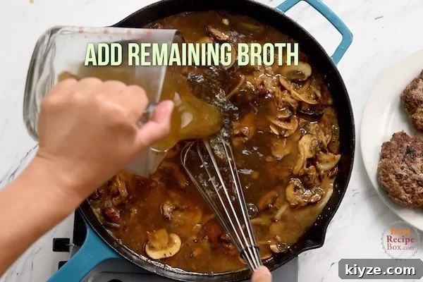 Salisbury Steak Meatballs in Rich Brown Gravy 9 Pouring in remaining broth to the mushrooms and onions
