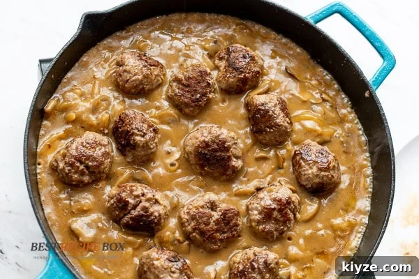 Salisbury Steak Meatballs in Rich Brown Gravy 10 finish cooking meatballs in gravy