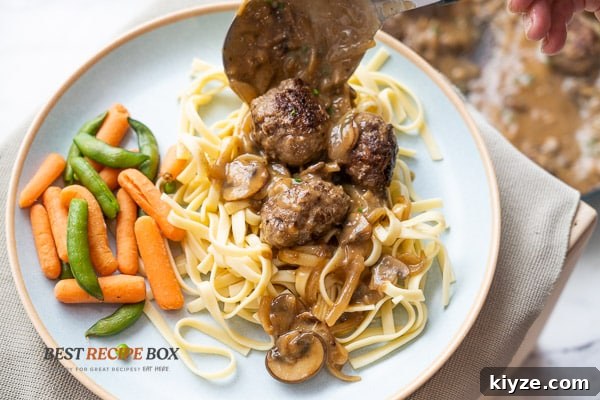 Salisbury Steak Meatballs in Rich Brown Gravy 11 serving over pasta
