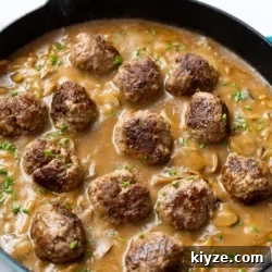 Salisbury Steak Meatballs in Rich Brown Gravy 3 salisbury steak meatballs in pan