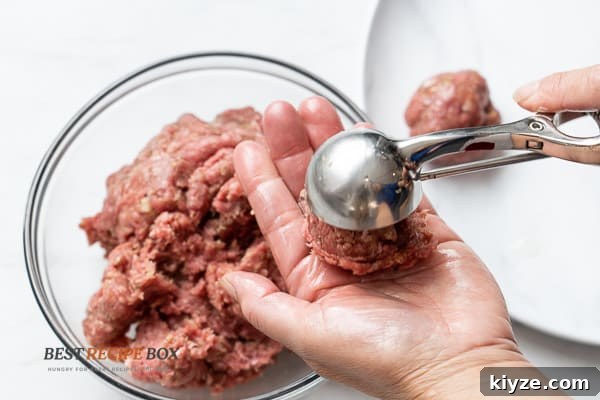 Salisbury Steak Meatballs in Rich Brown Gravy 5 Forming meatballs with a cookie scoop