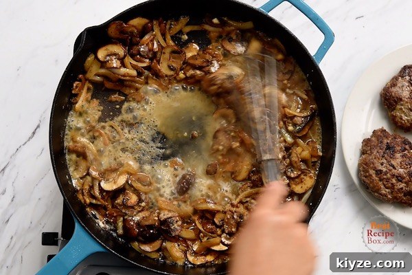 Salisbury Steak Meatballs in Rich Brown Gravy 8 Whisking in flour and a little broth to the onions and mushrooms