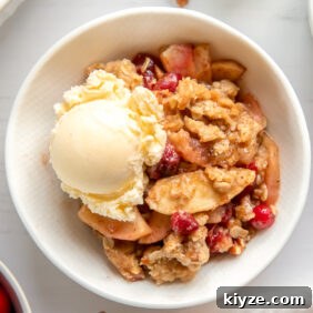 Apple Cranberry Crisp Recipe with Cinnamon Streusel 13 white bowl with apple cranberry crisp and scoop of vanilla ice cream
