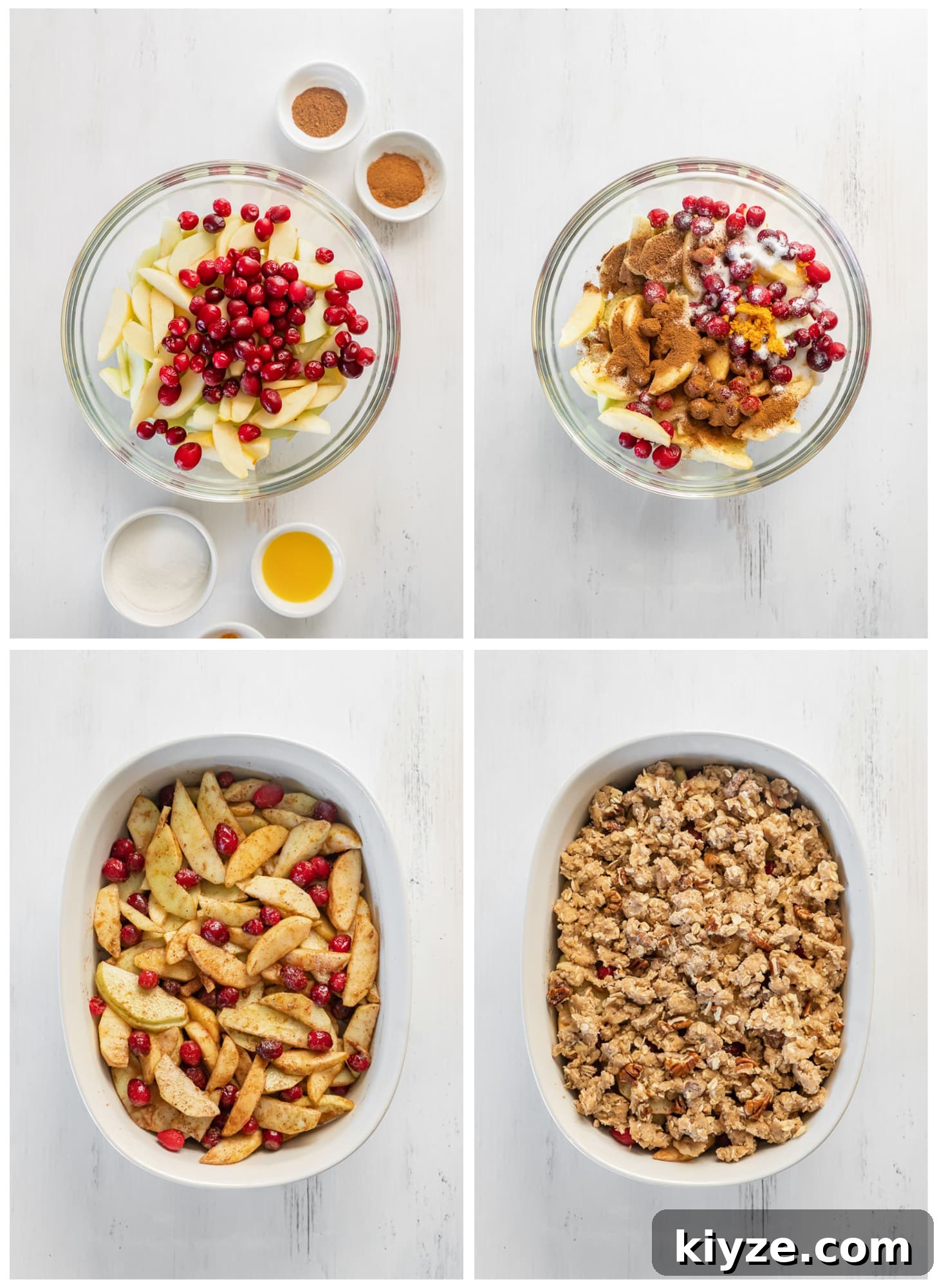 Apple Cranberry Crisp Recipe with Cinnamon Streusel 6 photo collage demonstrating how to make filling and assemble apple cranberry crisp.