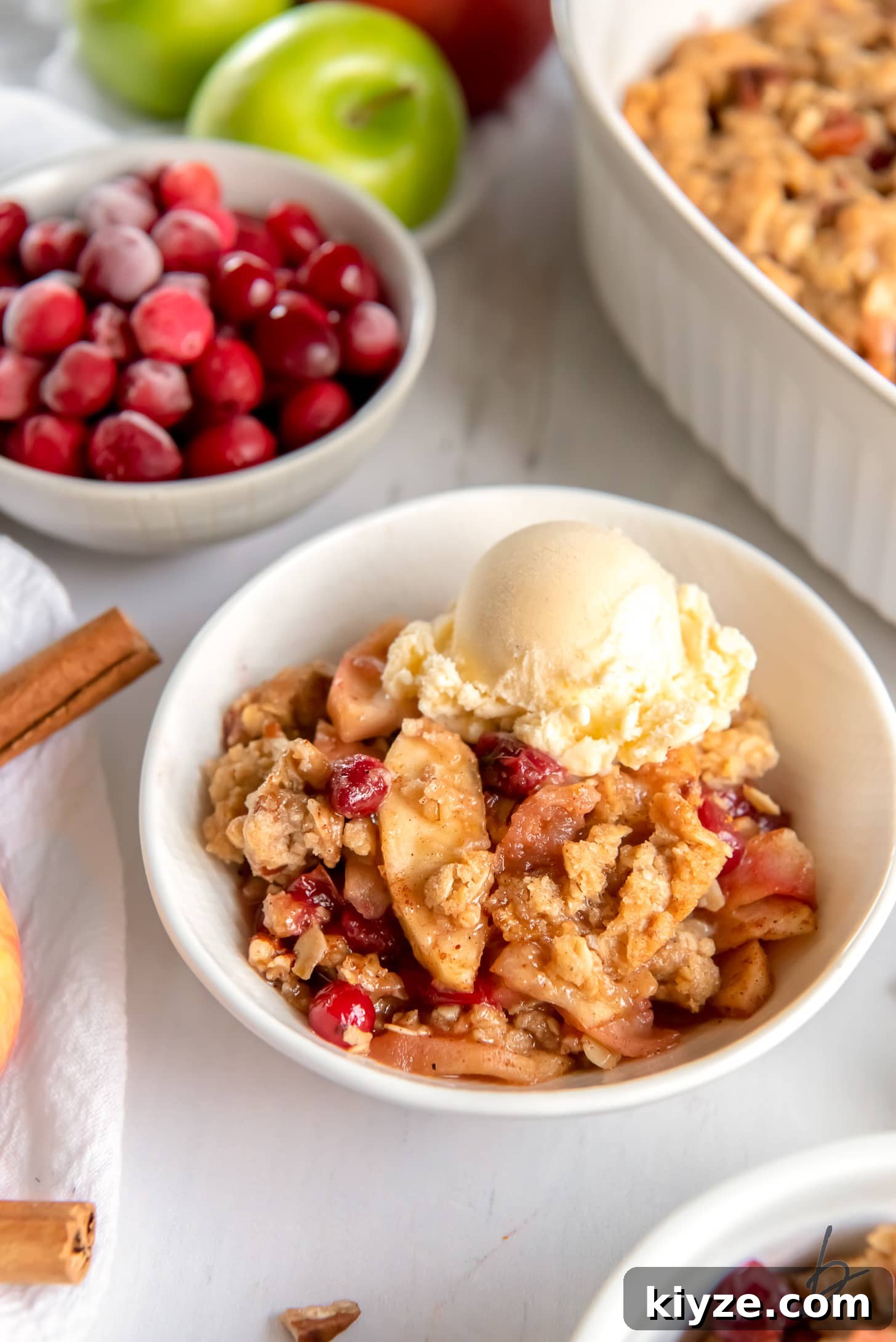 Apple Cranberry Crisp Recipe with Cinnamon Streusel 7 apple cranberry crisp serving with scoop of vanilla ice cream in white bowl.
