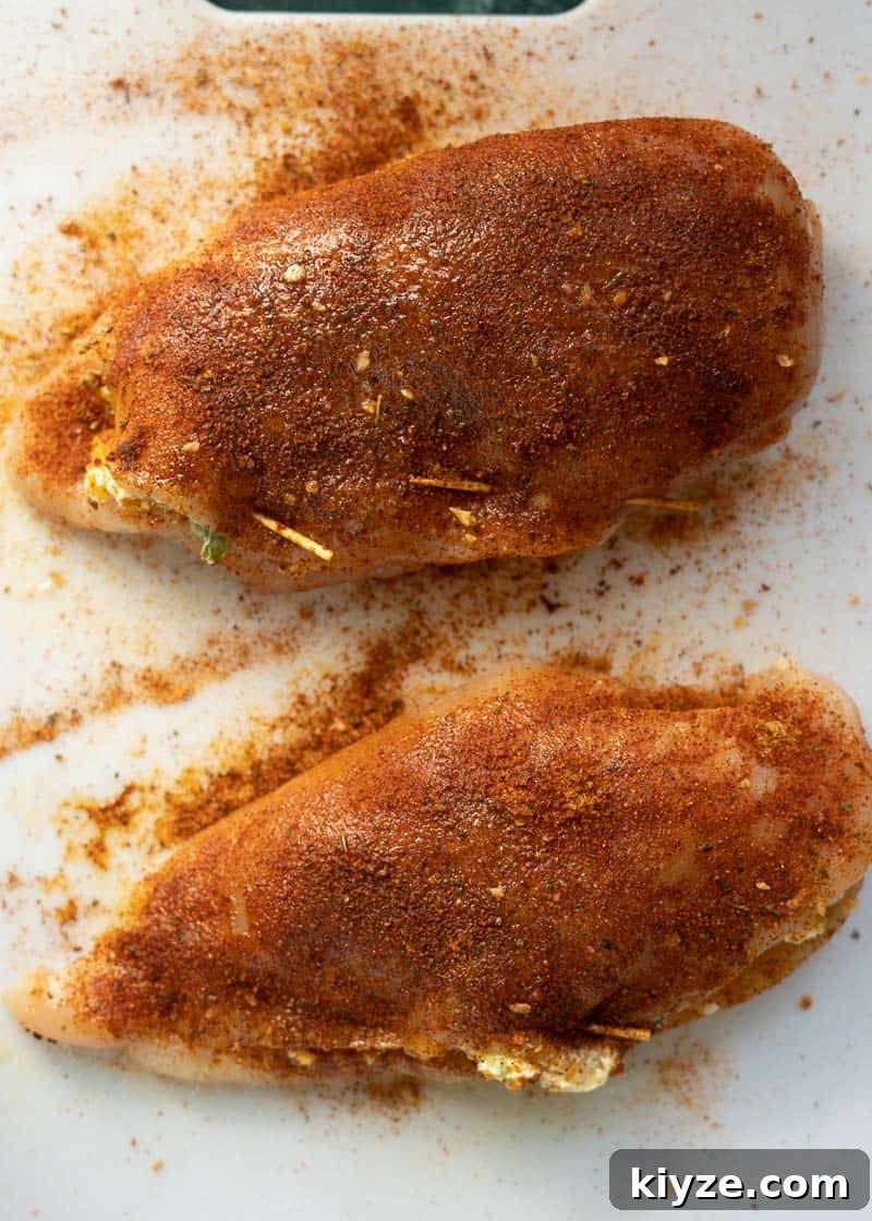 raw chicken breasts stuffed with cheesy jalapeno mixture, secured shut with toothpicks, and seasoned