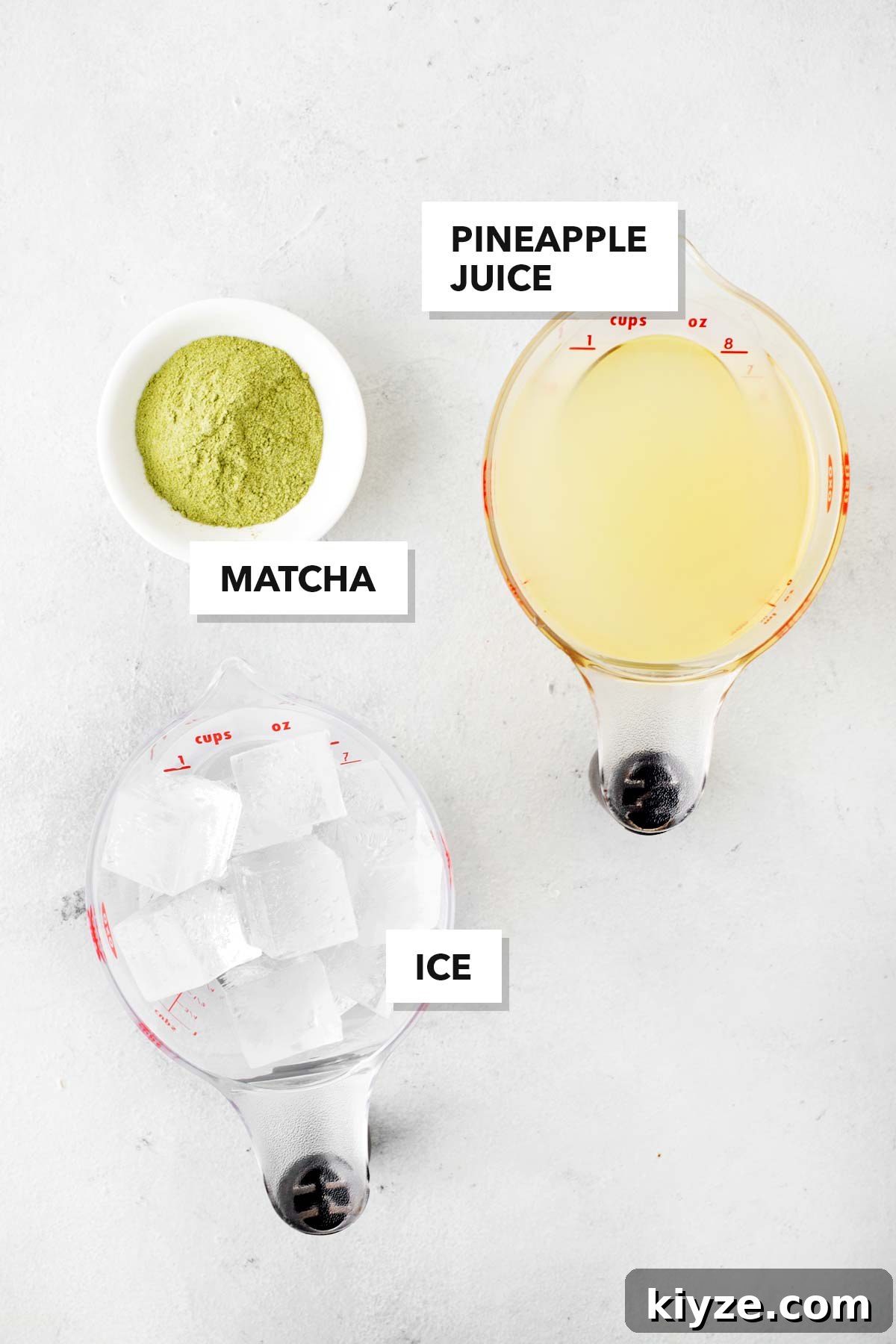 Iced Pineapple Matcha Latte Recipe: Refreshing Tropical Drink 4 Ingredients used in Iced Pineapple Matcha measured out in bowls and cups.