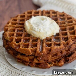 Sourdough Gingerbread Waffles Recipe — Crisp Spiced Morning Treat 11 Sourdough Gingerbread Waffles on a plate with whipped cream in the middle.