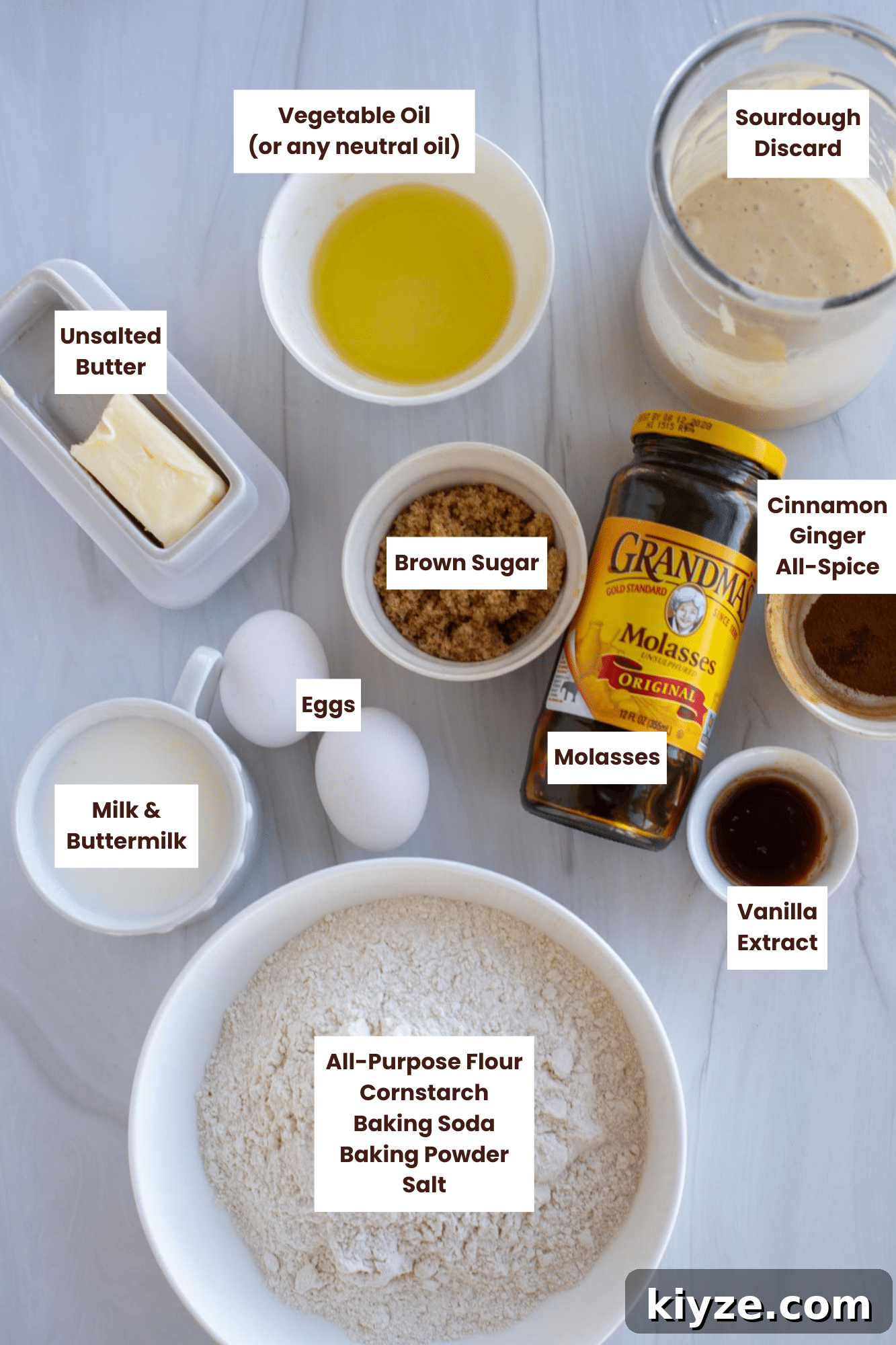 Sourdough Gingerbread Waffles Recipe — Crisp Spiced Morning Treat 3 Ingredients on a countertop and labeled.