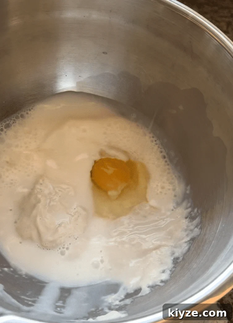 Sourdough Gingerbread Waffles Recipe — Crisp Spiced Morning Treat 4 Liquid ingredient being added to a bowl before being whisked together.
