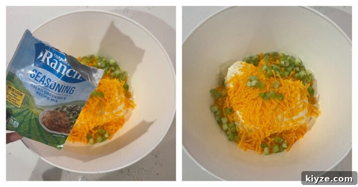 Classic Cheddar Cheese Ball Recipe for Parties & Holidays 3 adding ingredients to a white mixing bowl for the cheese ball