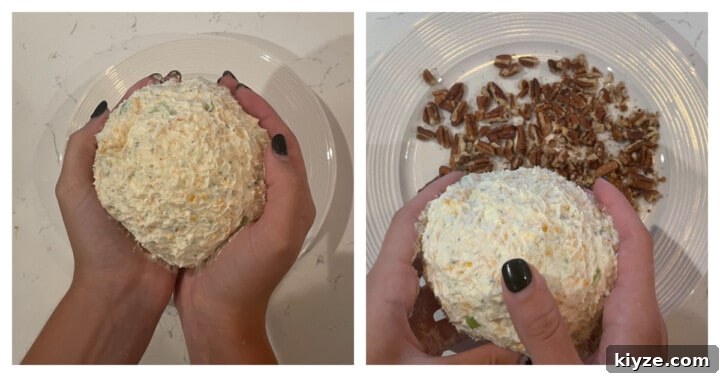 Classic Cheddar Cheese Ball Recipe for Parties & Holidays 4 molding the cheese ball with hands and preparing to roll in nuts
