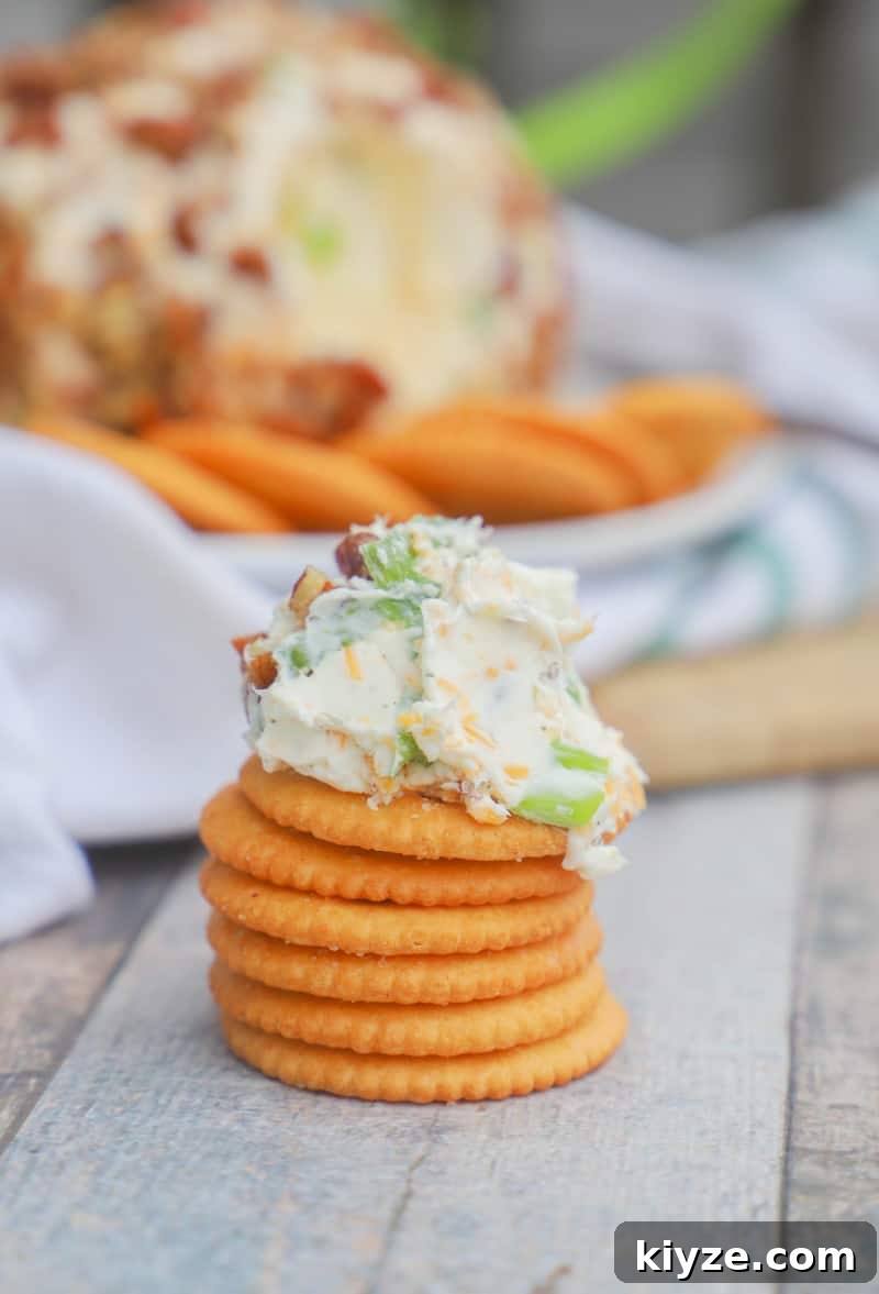 Classic Cheddar Cheese Ball Recipe for Parties & Holidays 6 Classic Cheese Ball on top of stacked crackers