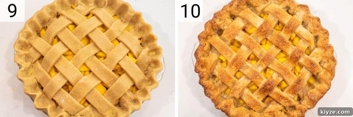 Peach and Mango Pie Recipe: Flaky Crust with Luscious Filling 6 process shots of adding egg wash and sugar to lattice top and bake the pie