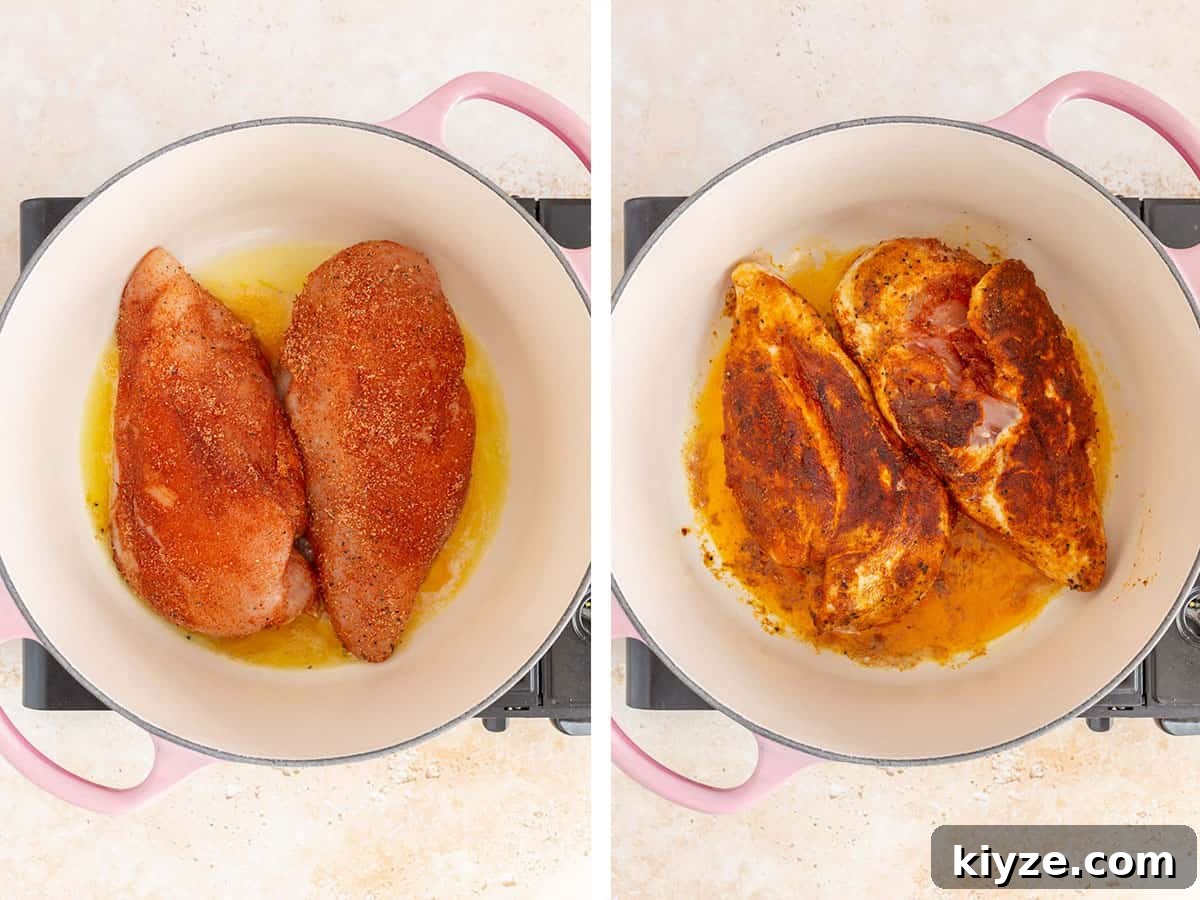 Shredded Chicken Made in a Dutch Oven: Tender Slow-Cooked Recipe 5 Set of two photos showing seasoned chicken breasts seared in a pot.