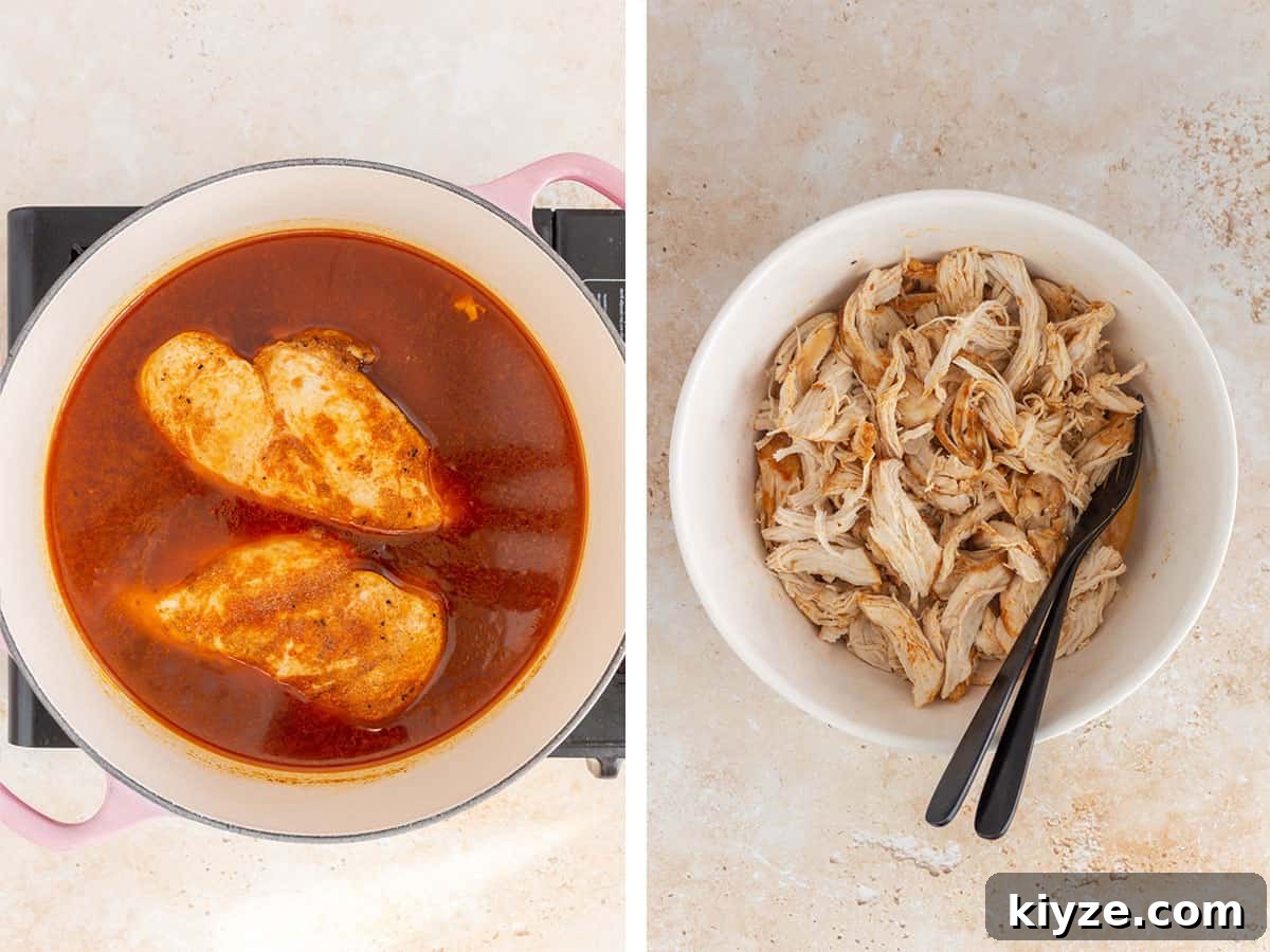 Shredded Chicken Made in a Dutch Oven: Tender Slow-Cooked Recipe 6 Set of two photos showing broth added to a pot of seared chicken and then chicken shredded in a bowl.