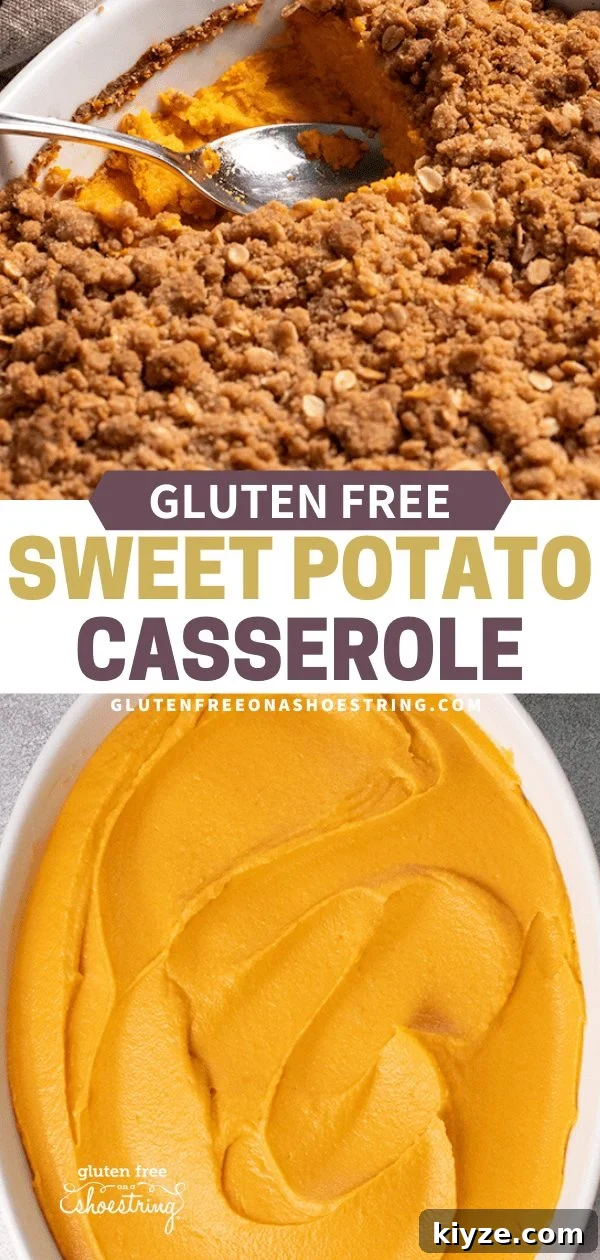 Gluten-Free Sweet Potato Casserole Recipe for Holidays 23 Sweet Potato Casserole baked with a spoonful missing; image of sweet potato puree filling in dish