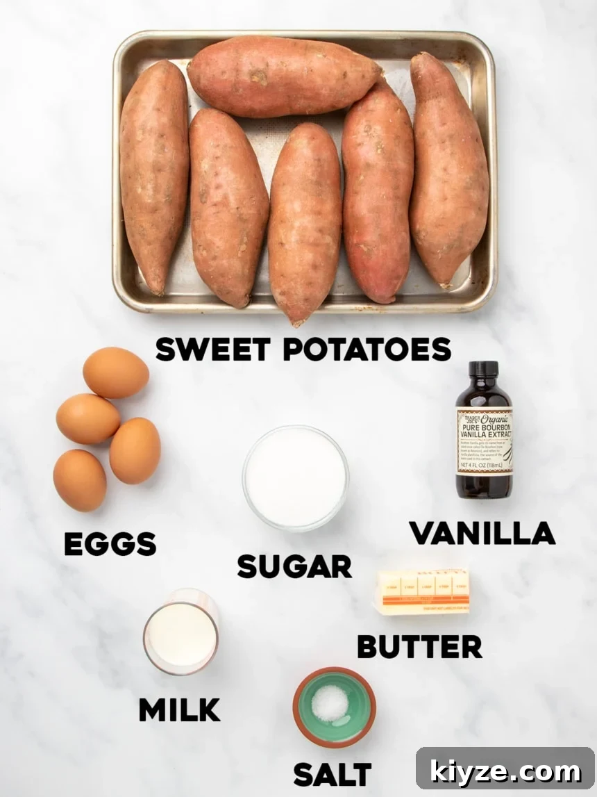 Gluten-Free Sweet Potato Casserole Recipe for Holidays 4 A tray of six whole raw sweet potatoes surrounded by bowls and containers holding eggs, sugar, milk, salt, butter, and vanilla extract, all labeled with bold text on a white marble surface.