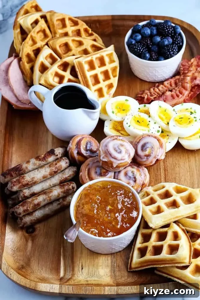 mini cinnamon rolls, deviled eggs, breakfast sausage, waffles, sausage links, Canadian bacon, and berries on a wooden board