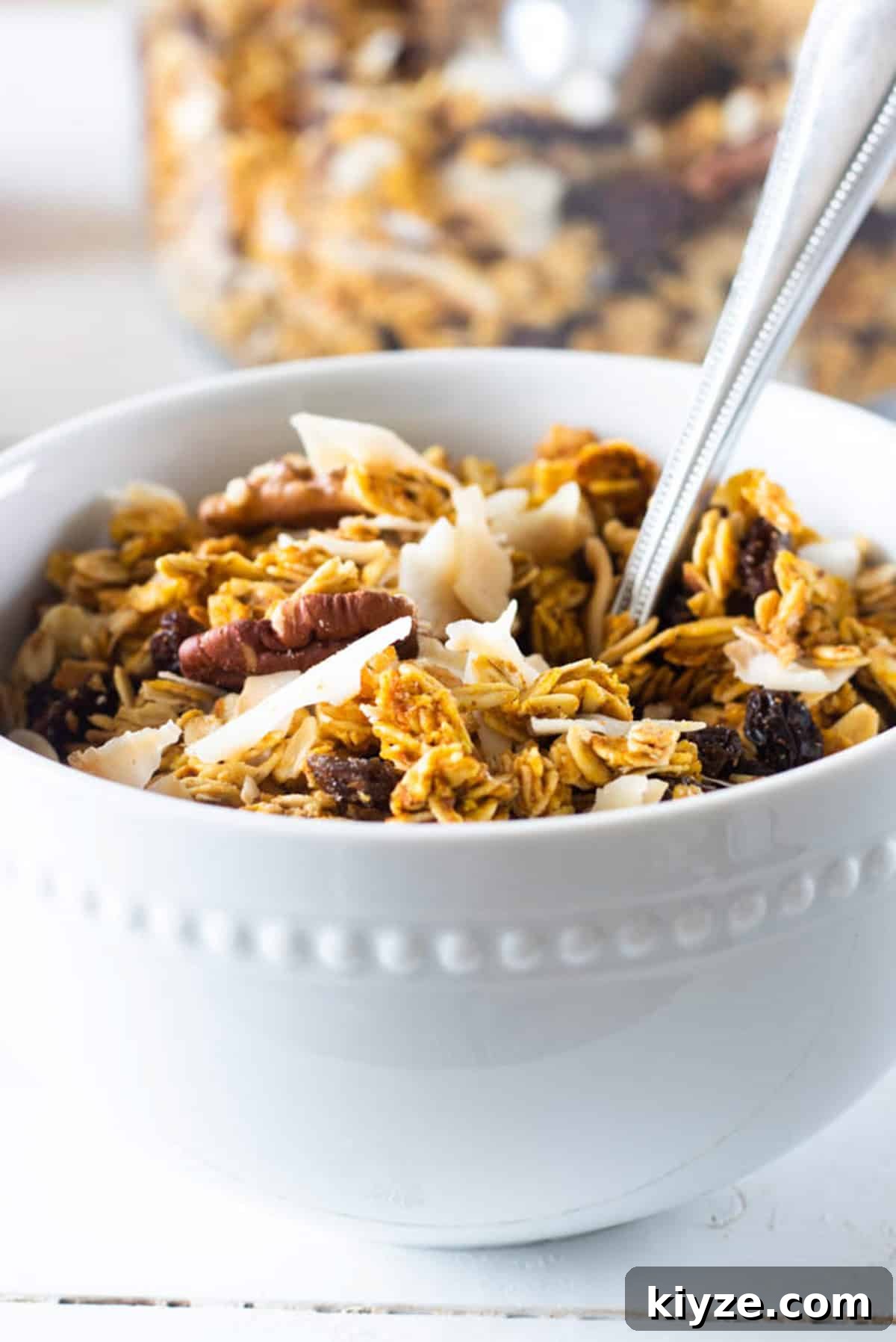 Pumpkin Spice Granola Recipe Made from Scratch 7 A bowl of homemade pumpkin granola.