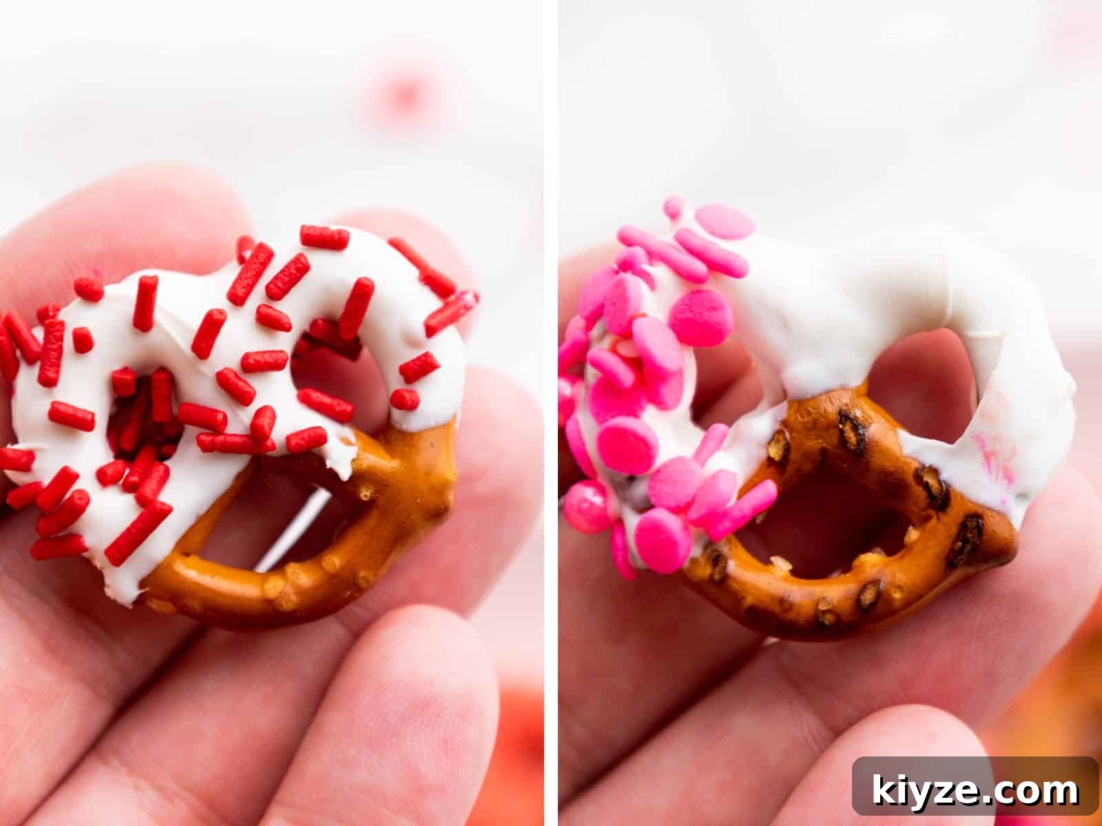 close shot of two pretzels dipped in candy and valentine sprinkles