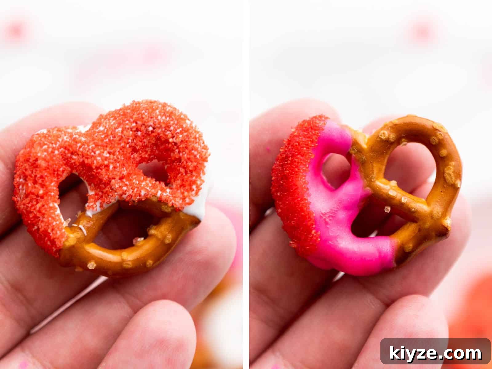 close up shot of two pretzels with valentine sprinkles