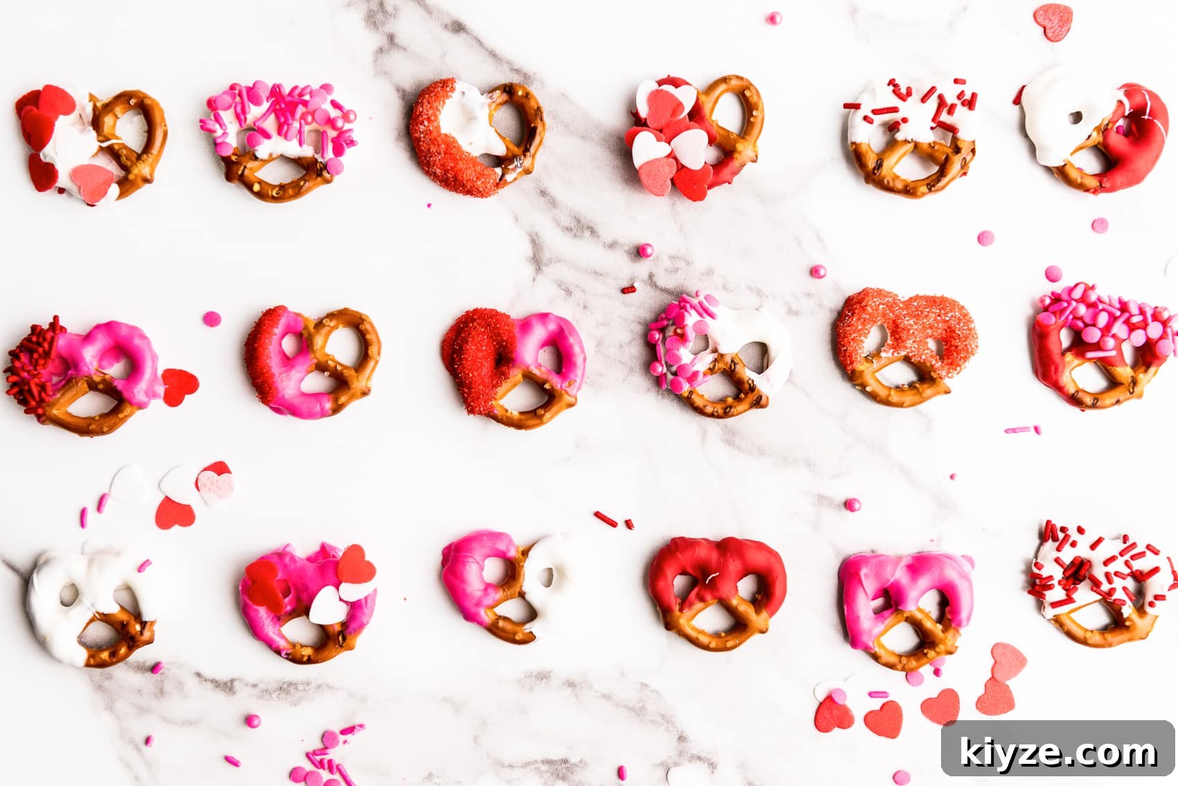 3 rows of pretzels decorated for valentines day