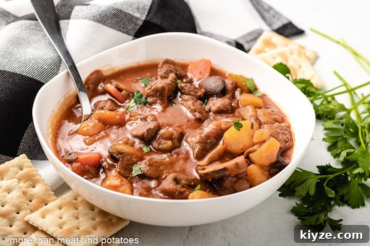 Hearty Beef Stew in Rich Tomato Sauce 2 Cooked beef stew with tomato sauce in a white bowl.