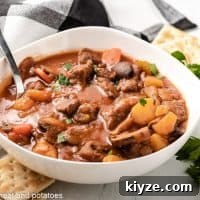 Hearty Beef Stew in Rich Tomato Sauce 11 Cooked beef stew with tomato sauce in a white bowl.