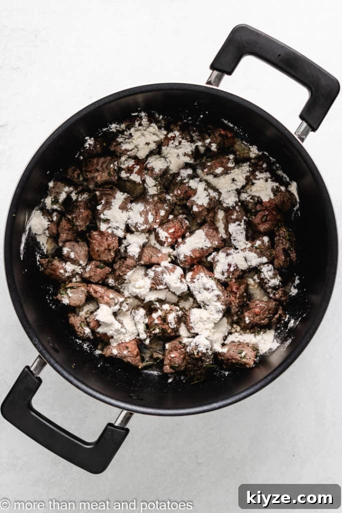 Hearty Beef Stew in Rich Tomato Sauce 6 All-purpose flour sprinkled over the meat in the pot.