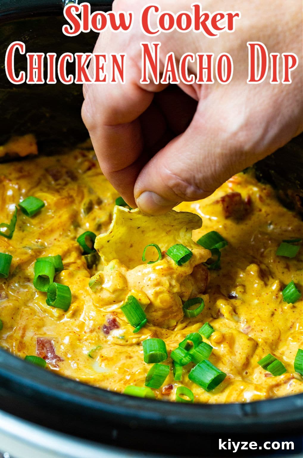 Chips scooping up Chicken Nacho Dip.
