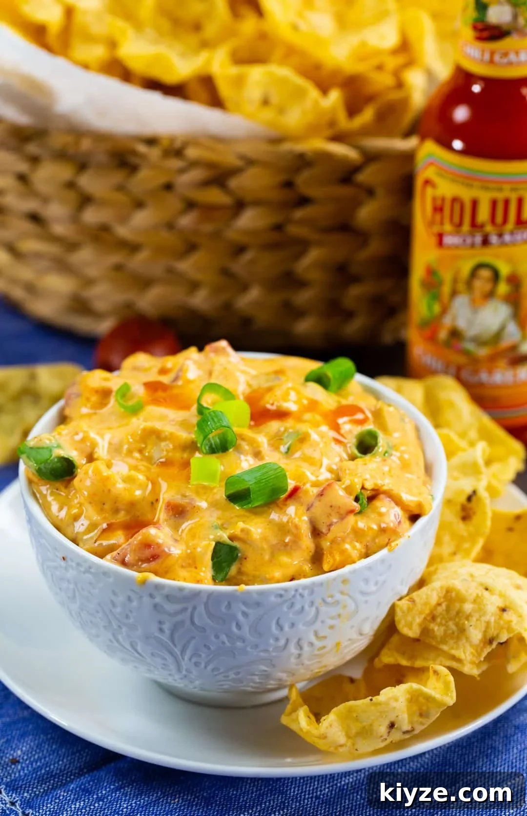 Slow Cooker Chicken Nacho Dip in a bowl surrounded by tortilla chips.